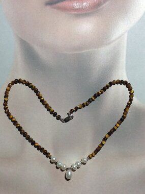 Natural Tiger-Eye Beads and Freshwater Pearl Necklace.
